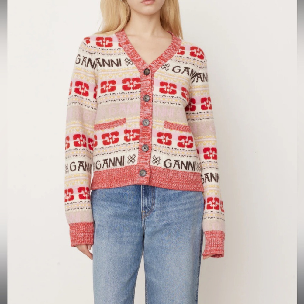 NWT GANNI logo print red jacquard wool blend Cardigan Size XXS